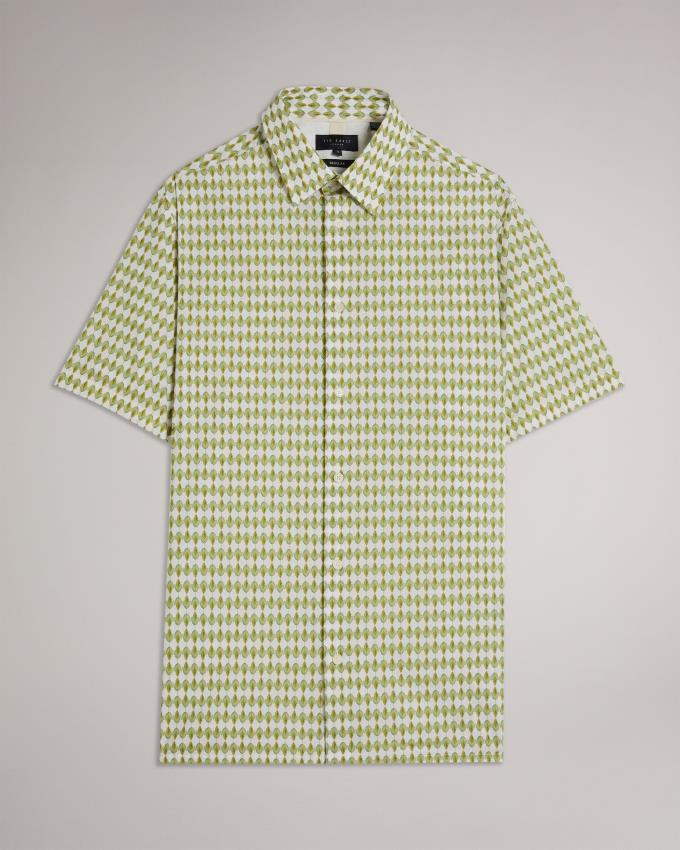 Chemises Ted Baker Short Sleeve Micro Leaf Vert Olive Homme | XMD-24315212